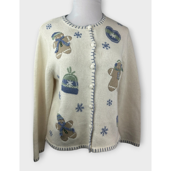 Croft & Barrow Gingerbread Knit Cardigan Sweater Winter Snow Ramie Blend Medium - Picture 3 of 16